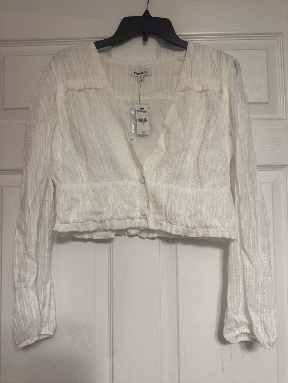Express White Cropped Button-Front Textured Blouse